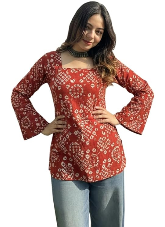 Printed Short Kurti | Straight Fit Ethnic Top with Square Neck | Bell Sleeve Casual Indian Kurta for Office College, Party