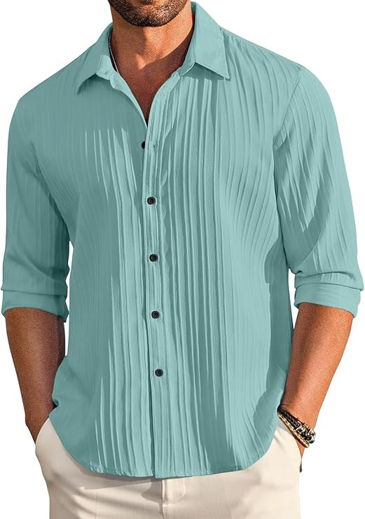 FINIVO FASHION Men's Casual Cotton Plain Button Down Shirt Long Sleeve Textured Summer Beach Shirt for Men