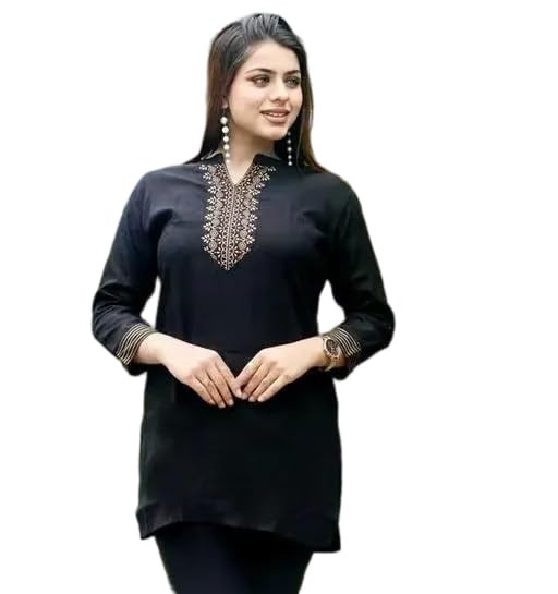 Solid Gold Border Neck Line Aline Short Kurti for Women