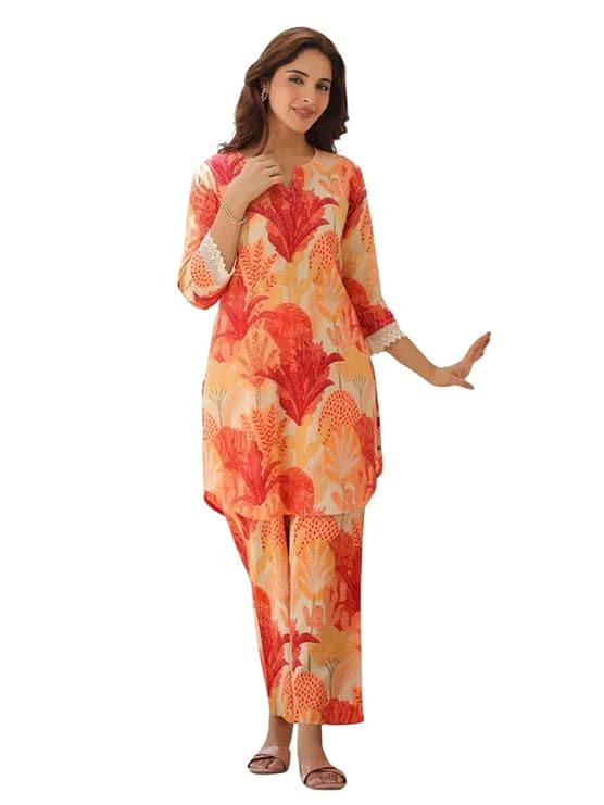 Co-ord Set for Women Stylish | Kurti Set for Woman | Short Kurti for Women Latest | Dress for Woman | Rayon Printed V-Neck Design for Womens 3/4 Sleeve