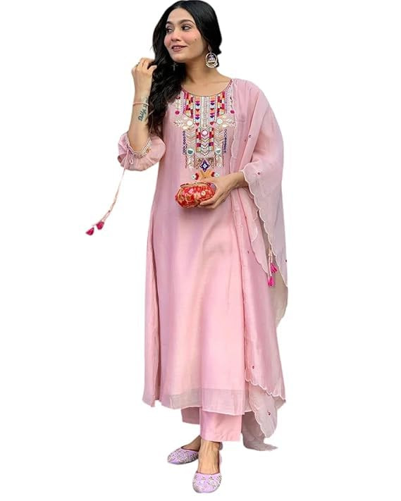 Women's Cotton Mirror Work Embroidered Straight Kurti With Pant and Dupatta Set