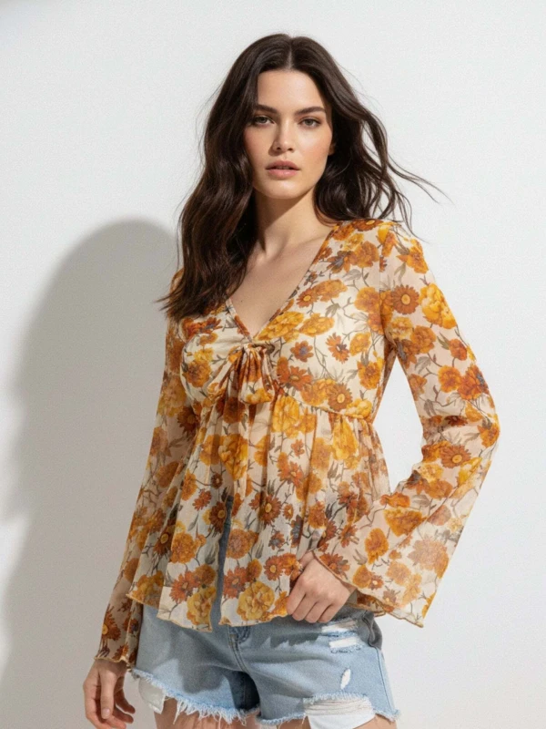 OUTZIDR Casual Regular Sleeves Floral Print Women Yellow Top