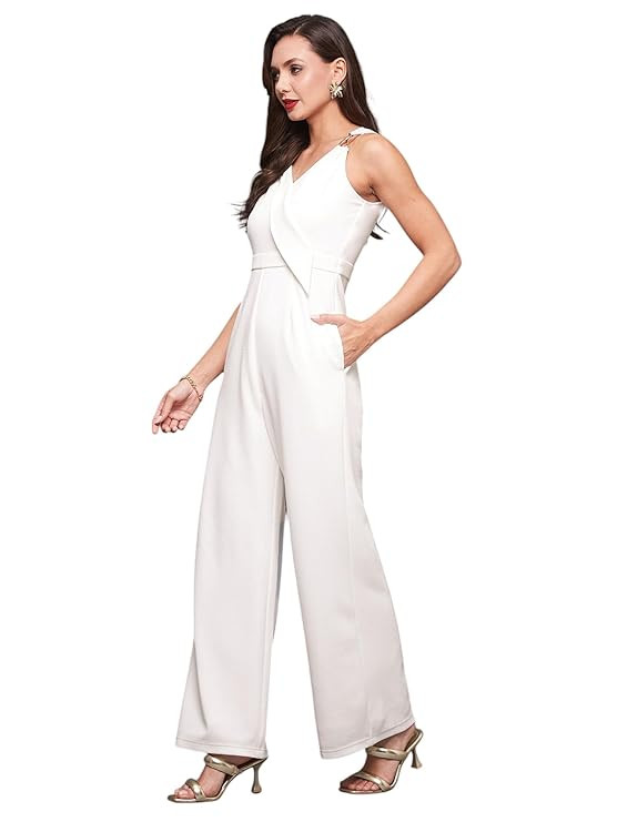 Miss Chase Women's Halter Neck Sleeveless Solid Wide Leg Sequin Paneled Regular Length Jumpsuit