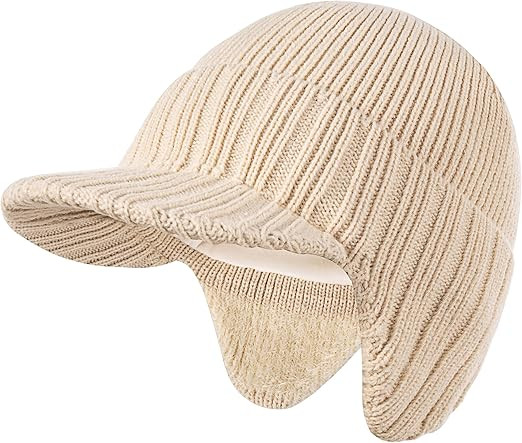 Winter Beanie with Brim and Ear Flaps for Men, Knitted hat with Fleece Lining for Warmth Caps for Men Women