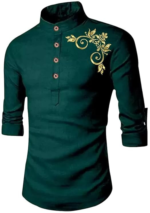 DEELMO Men's Full Sleeve Short Kurta Shirt with a Trendy Mandarin Collar Crafted from a Premium Cotton Blend for Comfort Ideal for Casual and Semi-Formal Occasions