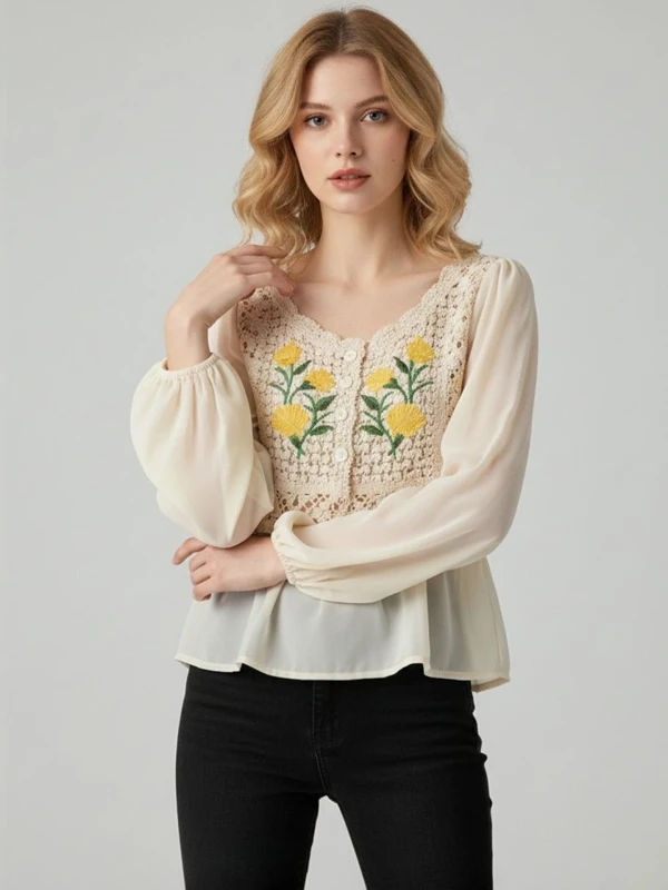 OUTZIDR Casual Regular Sleeves Floral Print Women Yellow Top