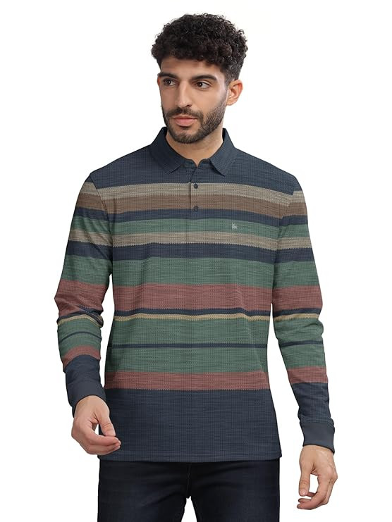 BULLMER Striped Textured Printed Polo Neck Fullsleeve T-Shirt with Rib for Men