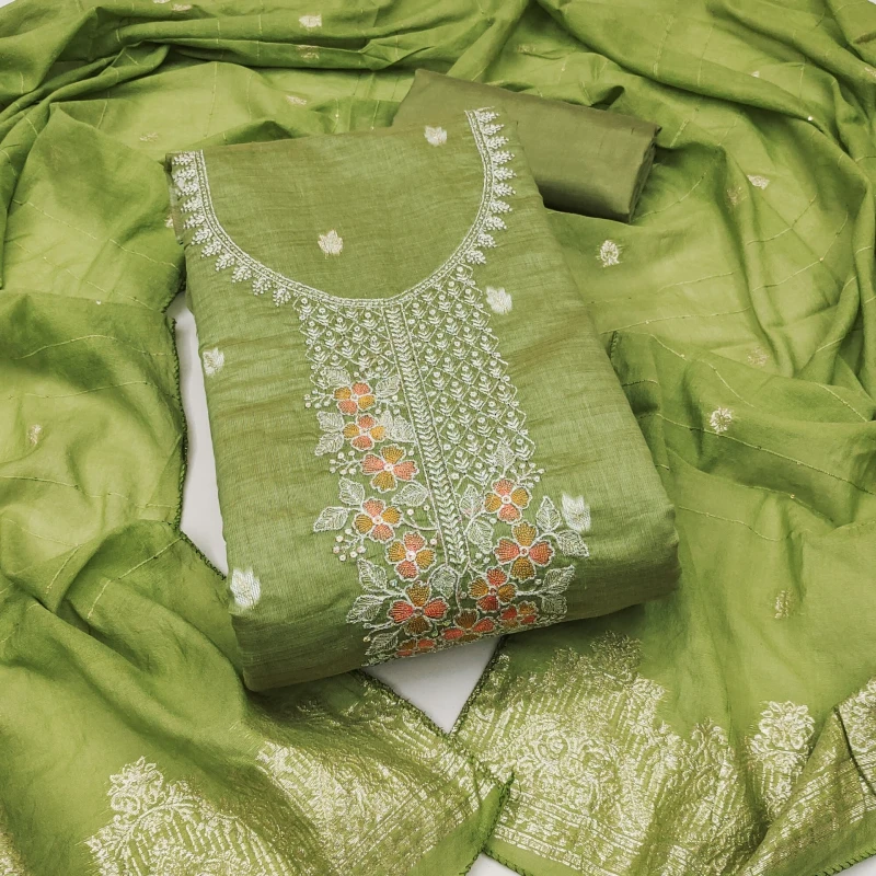 PandadiSaree Unstitched Cotton Blend Salwar Suit Material Embroidered, Embellished