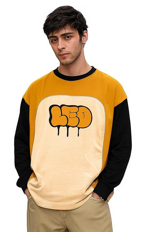 LEOTUDE Oversized Full Sleeve Cottonblend Graphic Printed Round Neck Drop Shoulder Tshirt for Man (Color Mustard)