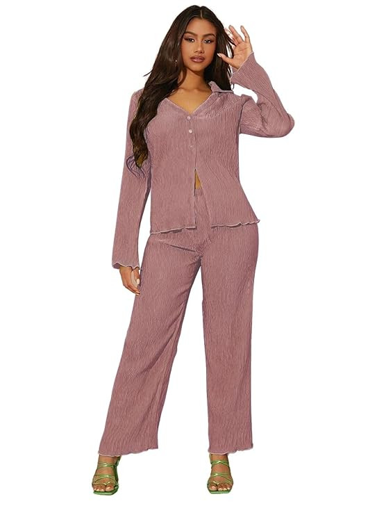 Co ord Set for Women Stylish | Dress for Woman | Summer Cord Set for Women | Trendy Poly Lycra Textured Blend Pajama Set | Pyjama Set for Beach & Resort Outfits Full Sleeve