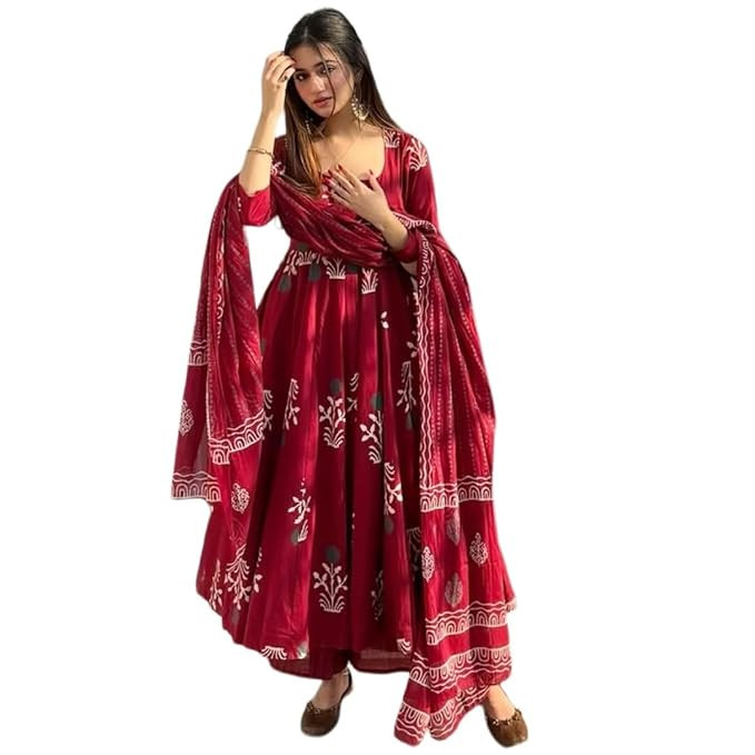 Rayon Anarkali Printed Kurta Pant Dupatta Set | Stylish Cotton Kurti Set for Women | Ethnic Co-ord Suit Set with Dupatta Festive Kurta Sets for Women