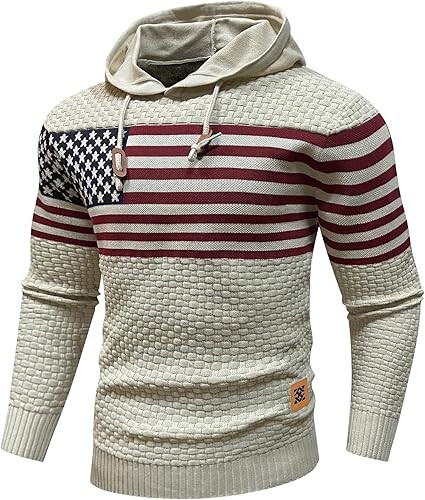 Zaitun Mens Hooded Sweatshirt Long Sleeve American Flag Knitted Hoodie Pullover Sweater