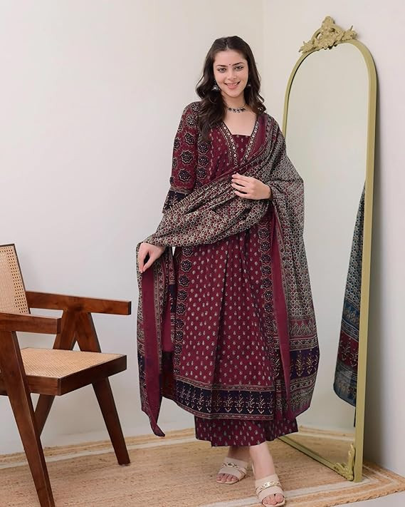 Women's Pure Cotton Anarkali Kurta Set for Women with Dupatta & Plazzo – Hand Block Print Suit Set | Stylish Dress | Cotton Kurta Set for Women