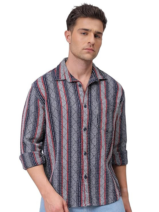 The Indian Garage Co Men's Polyester Relaxed Fit Striped Full Sleeves Cutaway Collar Resort Wear Shirt