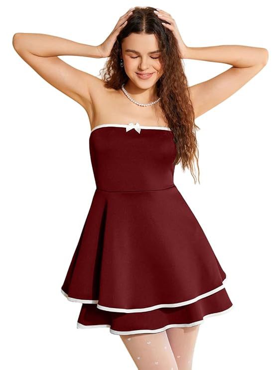 Solid Contrast Binding Double Flare Bow Front Sleeveless Mini y2k Dress for Women