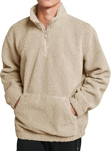 Runcati Mens Fuzzy Sherpa Sweatshirt Quarter Zip Fleece Pullover Winter Fall Warm Outerwear With Kangaroo Pocket